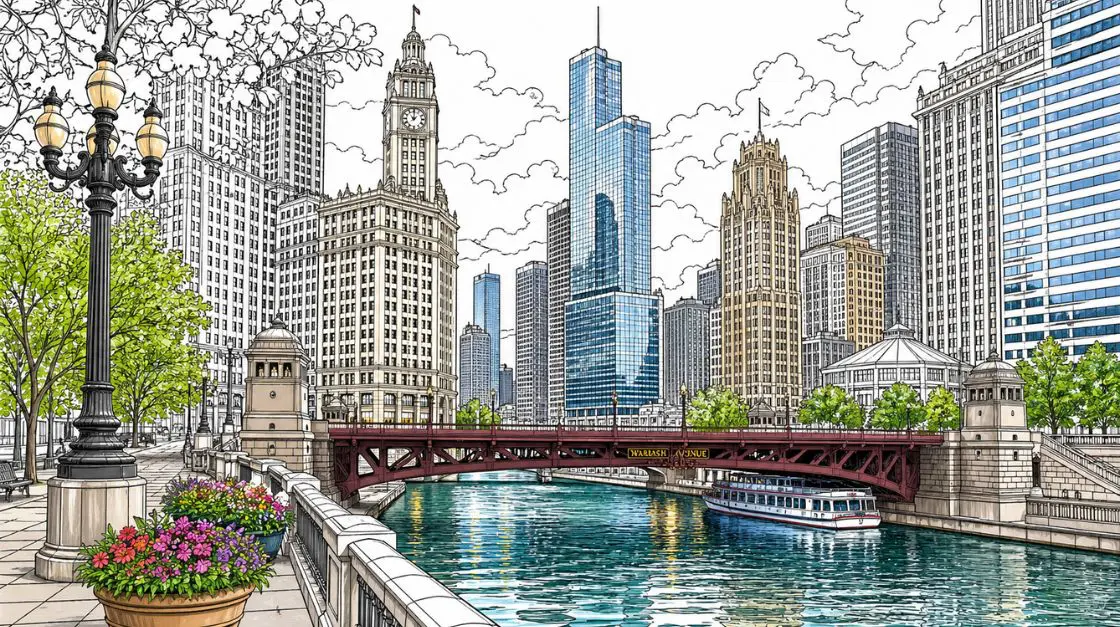 Detailed printable city coloring pages for adults featuring urban skylines and architectural scenes