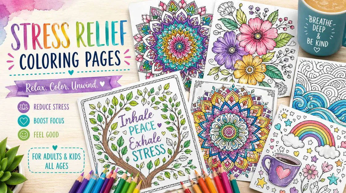 free colorful stress relief coloring pages featuring mandalas, florals, and calming patterns for adults and kids