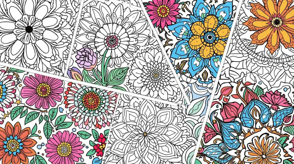 Coloring pages PDF collection spread showing florals, mandalas, and nature designs ready to print