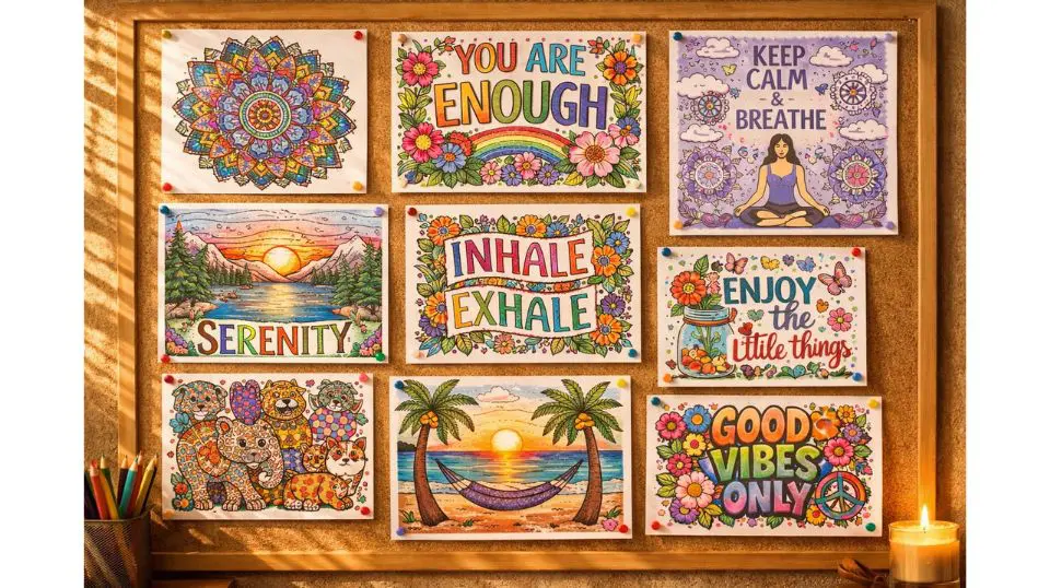 completed coloring pages from a stress relief coloring bundle displayed on a bulletin board in warm afternoon light