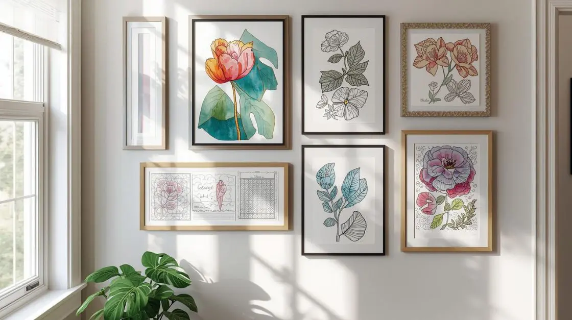 Finished pages from a printable coloring pages sampler displayed as framed wall art, gift wrap, and a handmade zine