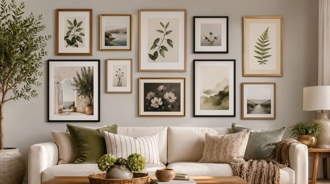 A styled gallery wall displaying printable wall art in mixed frames including botanical prints and quote art