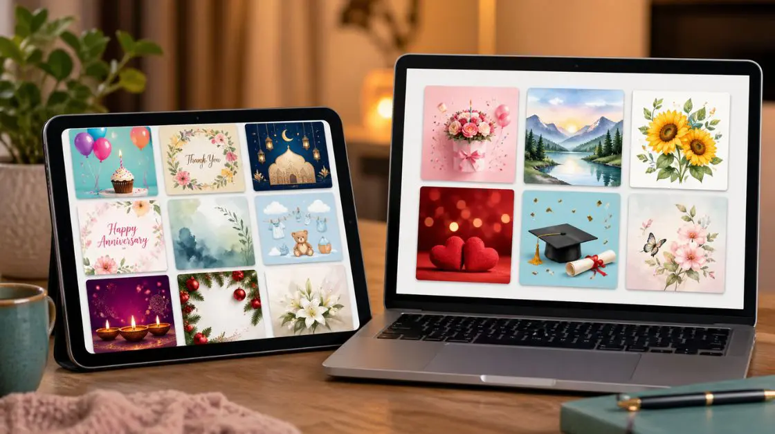 A bundle of digital greeting cards displayed on a tablet and laptop screen showing various occasion designs