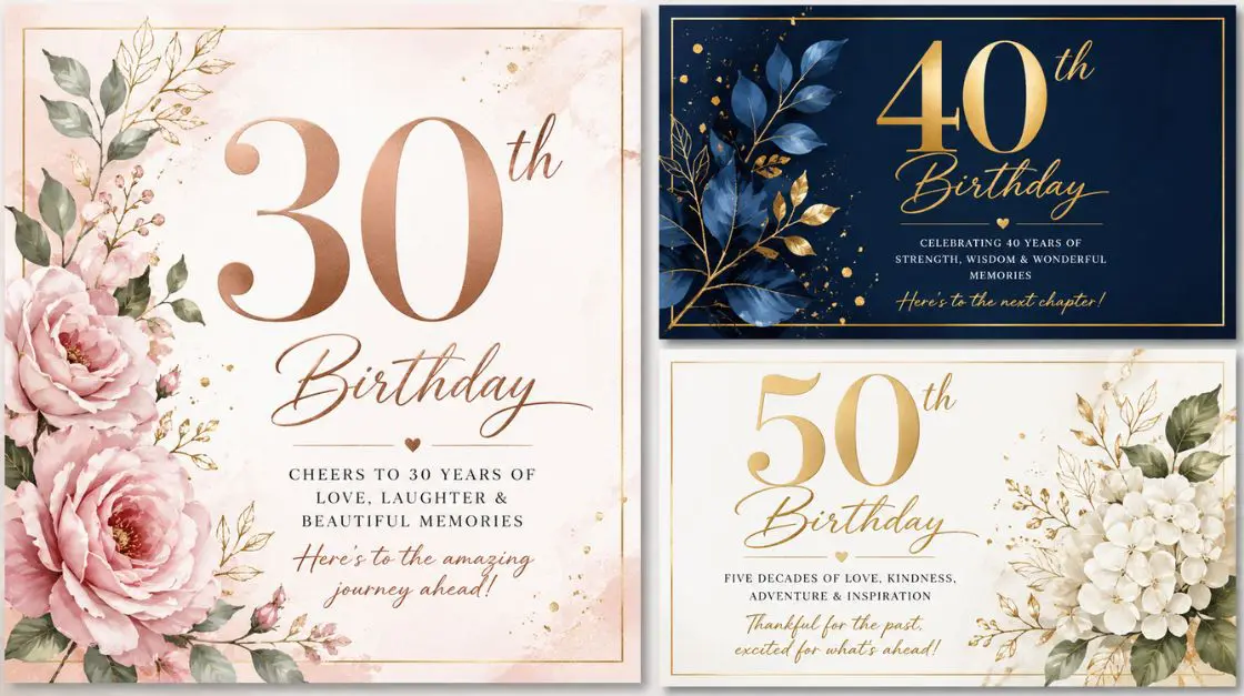 Elegant printable birthday cards for milestone ages like 30th 40th 50th birthdays