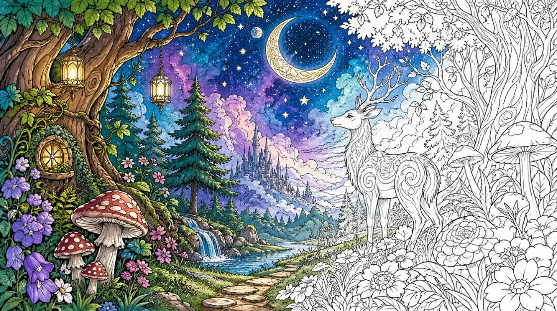 Fantasy coloring pages for adults — enchanted forests and celestial scenes for anxiety relief