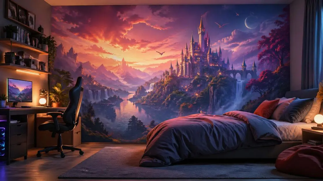 Fantasy landscape digital wall art with a glowing sky and dreamlike castle scene