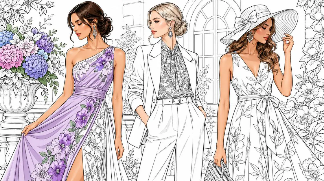 Fashion coloring pages for adults featuring elegant figures and stylish clothing designs to color