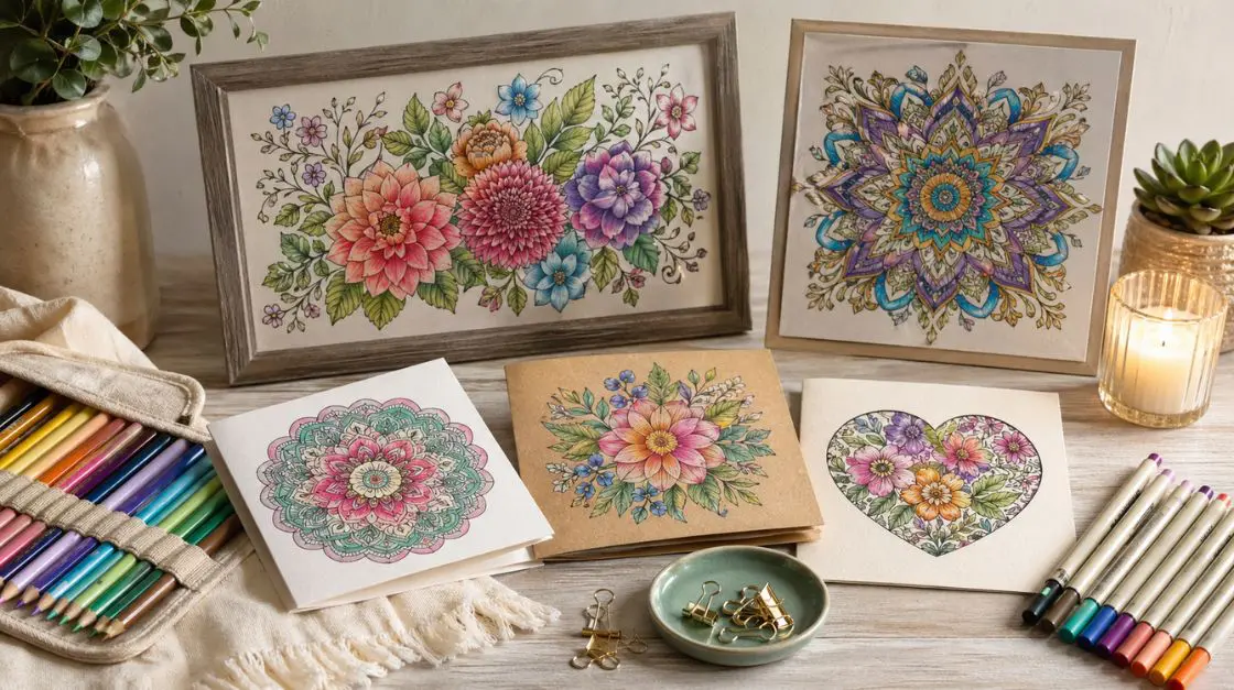 Finished printable stress relief coloring pages for adults displayed as framed wall art and handmade greeting cards