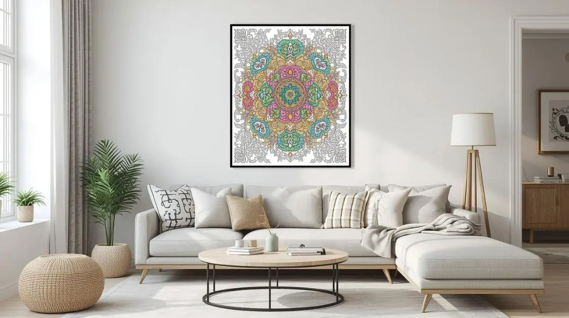 Finished printable coloring page adult design displayed as framed wall art in a cozy living room