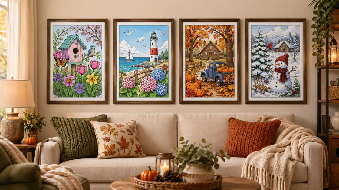 Finished seasonal coloring pages displayed as framed wall art in a cozy living room