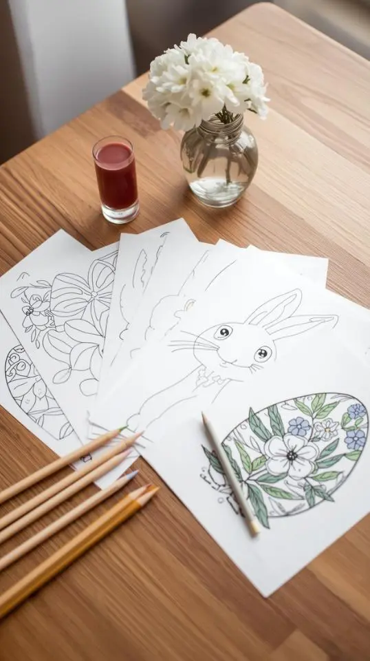 Easter coloring pages flat lay with pastel pencils and spring flowers on a wooden table."