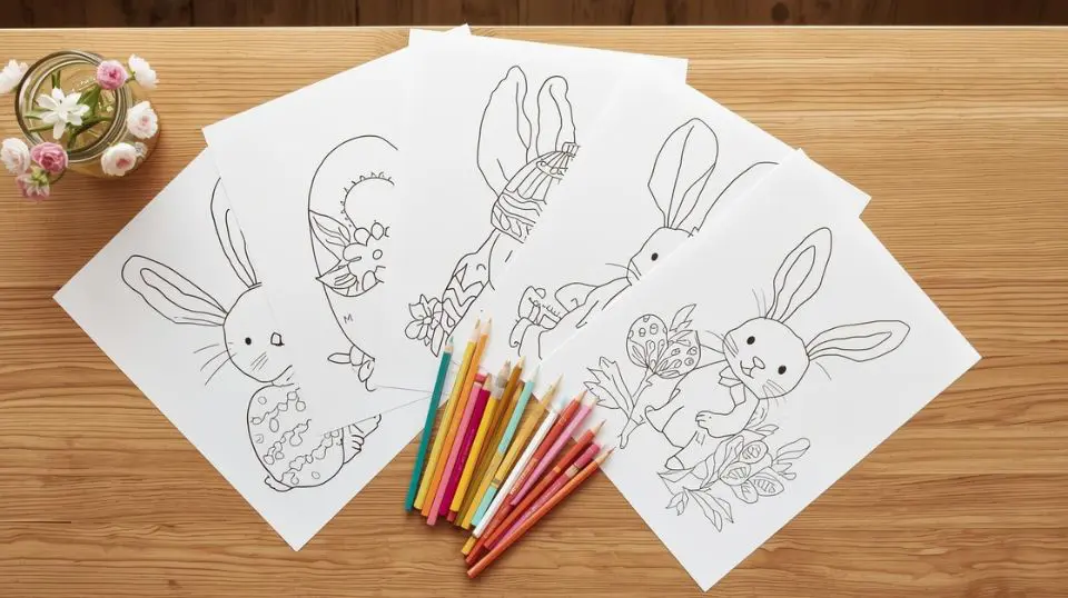 Easter coloring pages flat lay with pastel pencils and spring flowers on a wooden table."