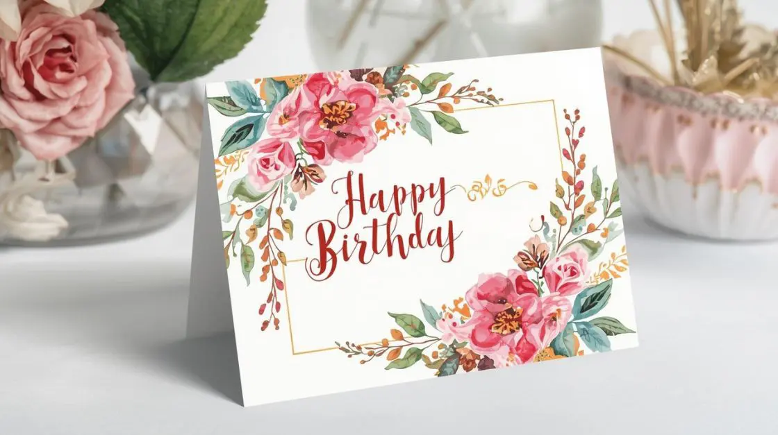 Printable birthday greeting cards with watercolor floral designs folded to 5x7 inches