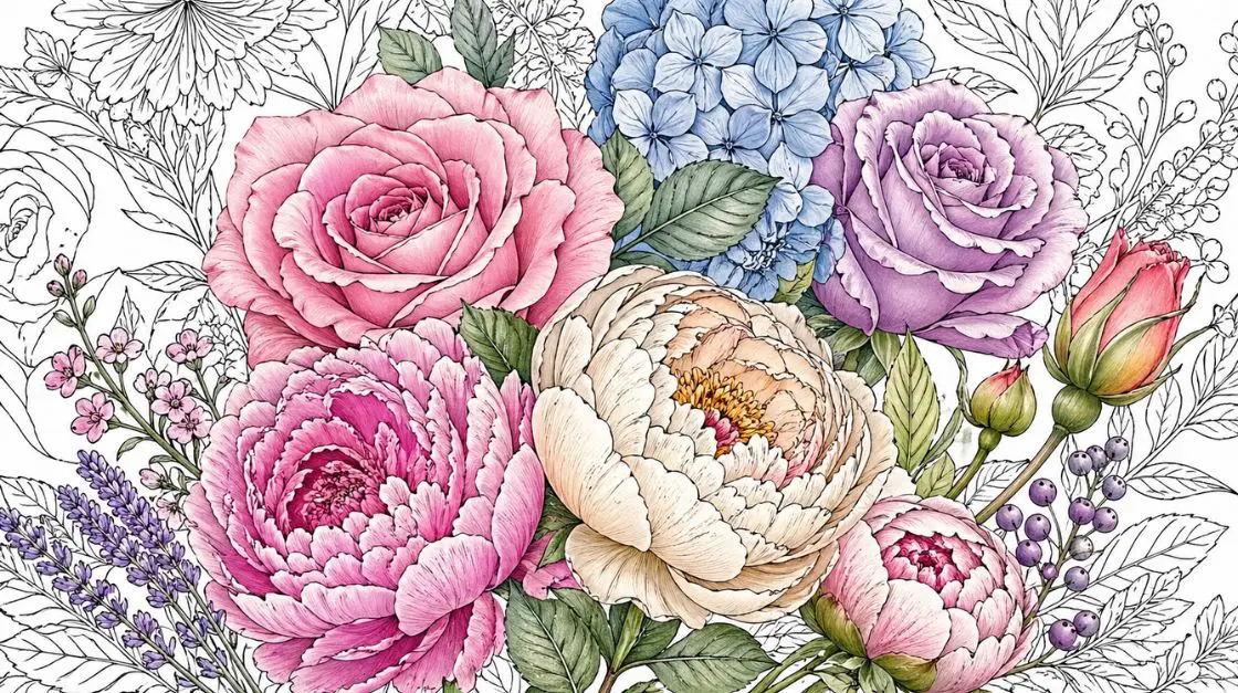 Detailed floral coloring pages with roses, peonies, and botanicals — relaxing coloring pages for adults