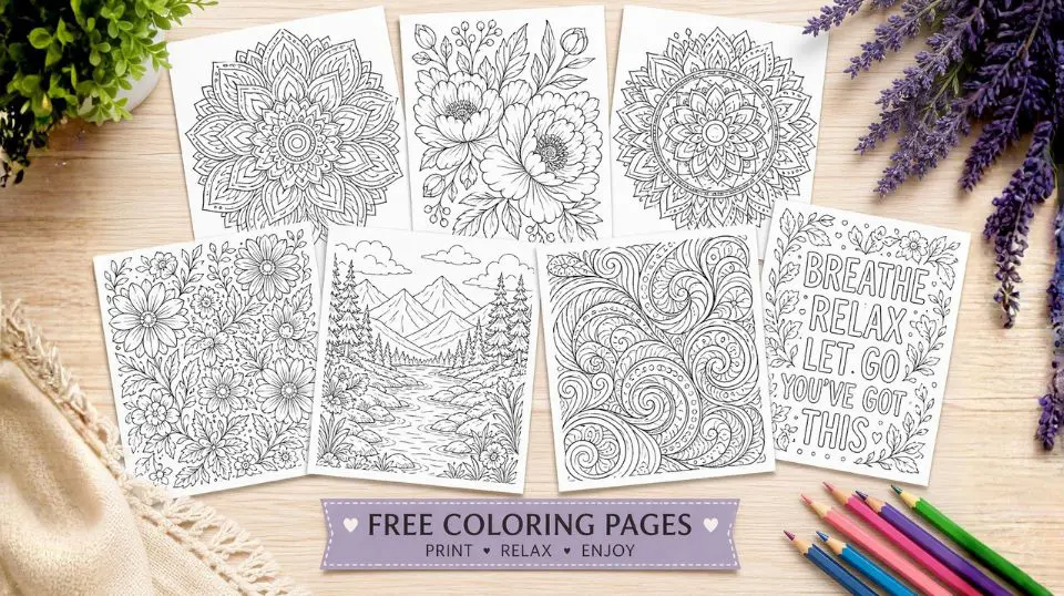 A spread of free coloring pages including mandalas, florals, and stress-relief patterns ready to print