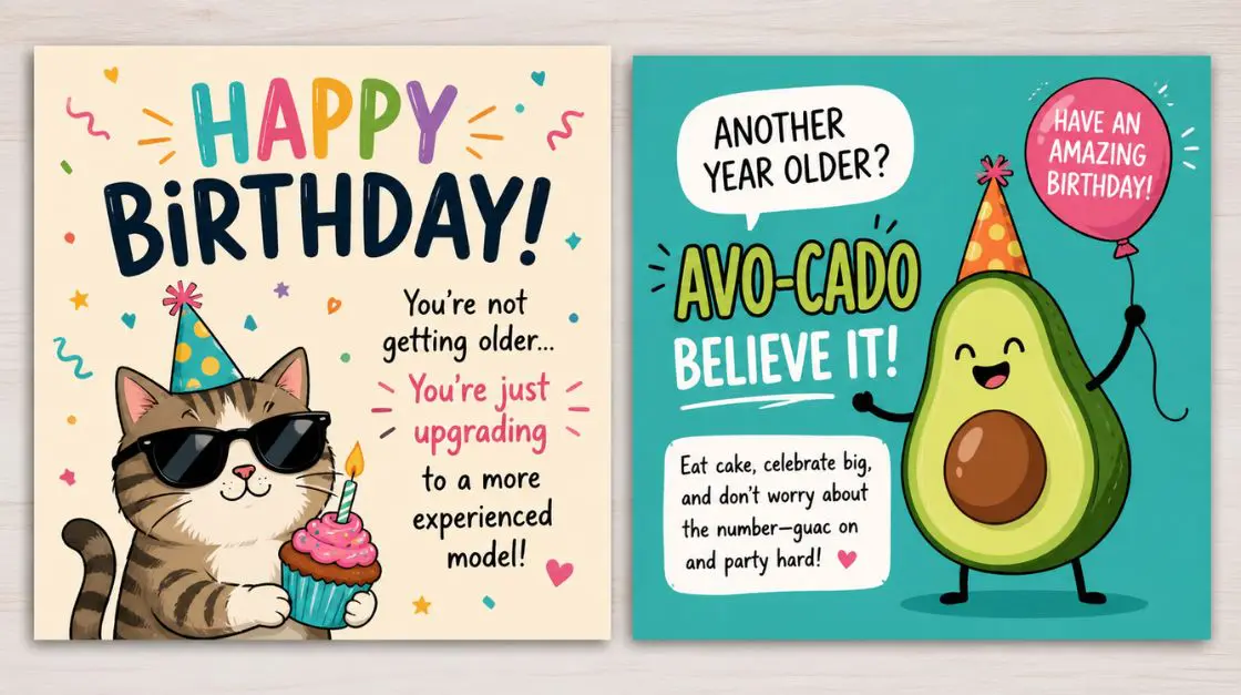 Funny printable happy birthday cards with playful illustrations and witty text