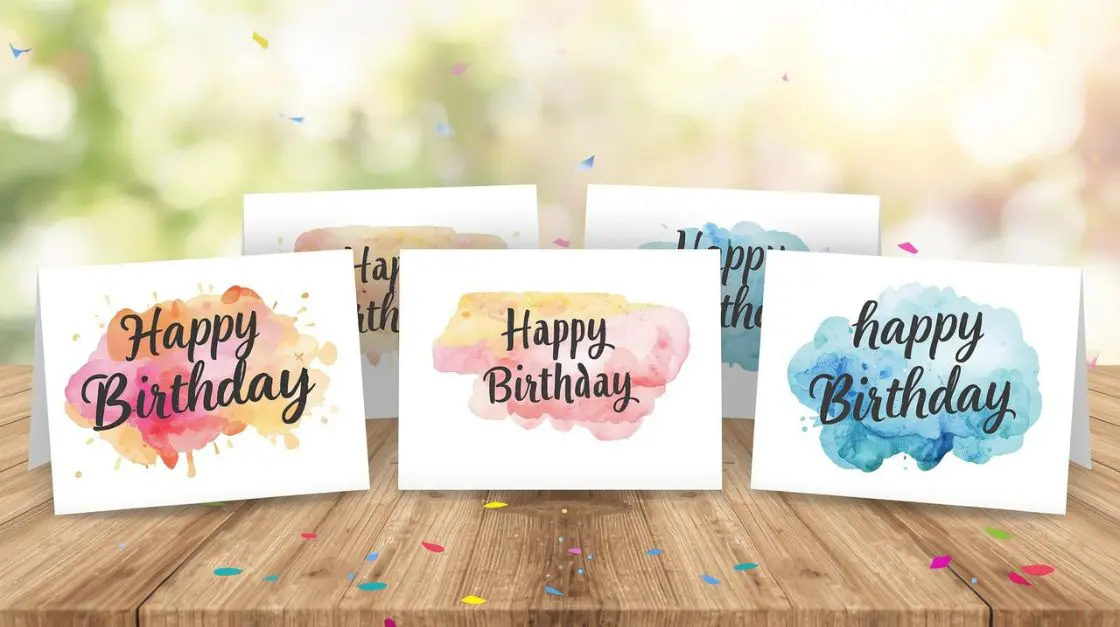 Collection of printable happy birthday cards folded to 5x7 inch size displayed on a wooden table