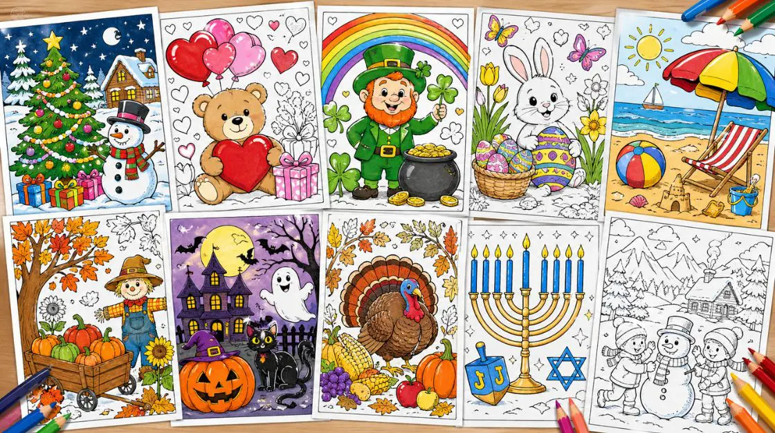 Holiday coloring pages PDF bundle covering all four seasons and major holidays