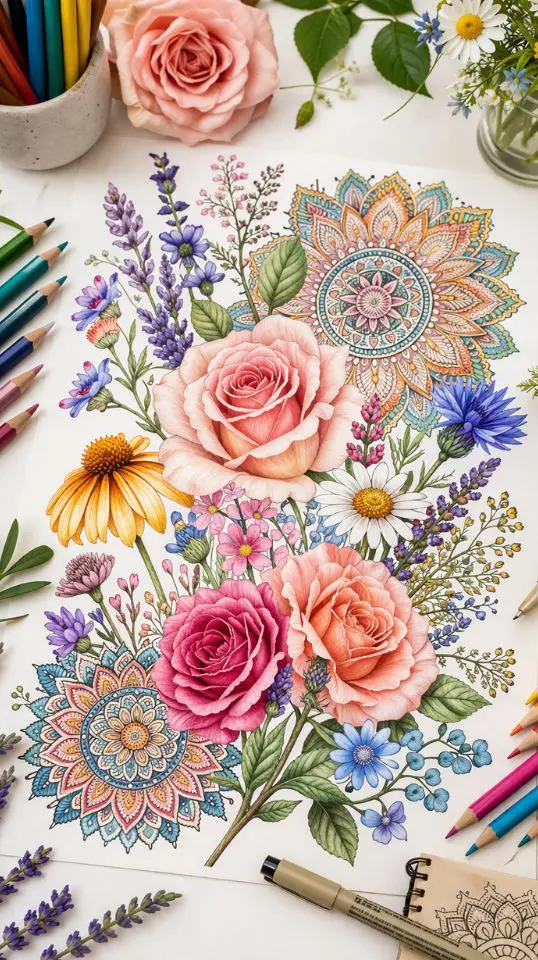 Complete collection of floral coloring pages for adults featuring botanical illustrations, roses, and wildflower designs