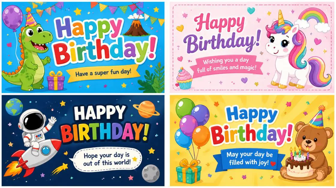 Colorful printable birthday greeting cards designed for children with bright illustrations