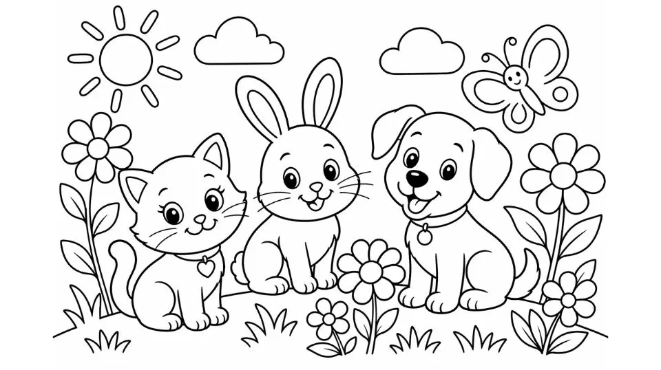 Printable coloring pages for kids digital download. Simple free coloring pages for kids with bold outlines of animals and flowers