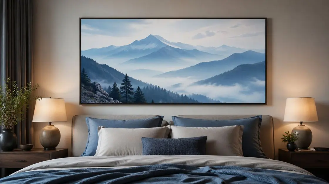 Nature digital download wall art showing a misty mountain landscape in soft blue tones