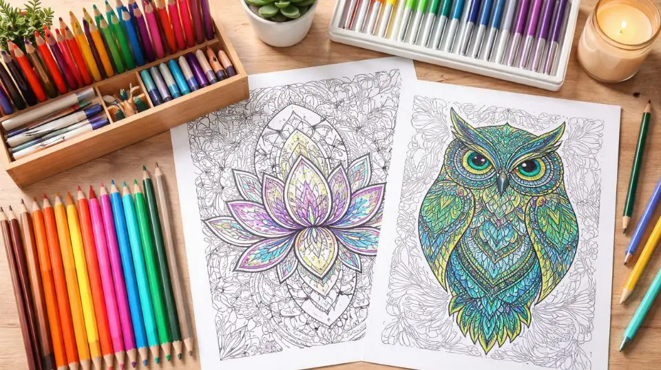 organized coloring supplies next to mindfulness coloring pages for adults on a light wooden table