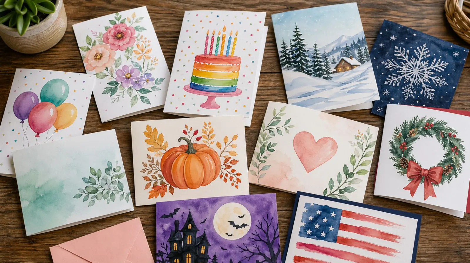 A colorful spread of printable cards including birthday, holiday, and thank-you designs laid flat on a wooden table