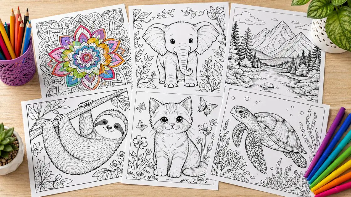 A spread of printable coloring pages including mandalas, animals, and nature scenes ready to download and print