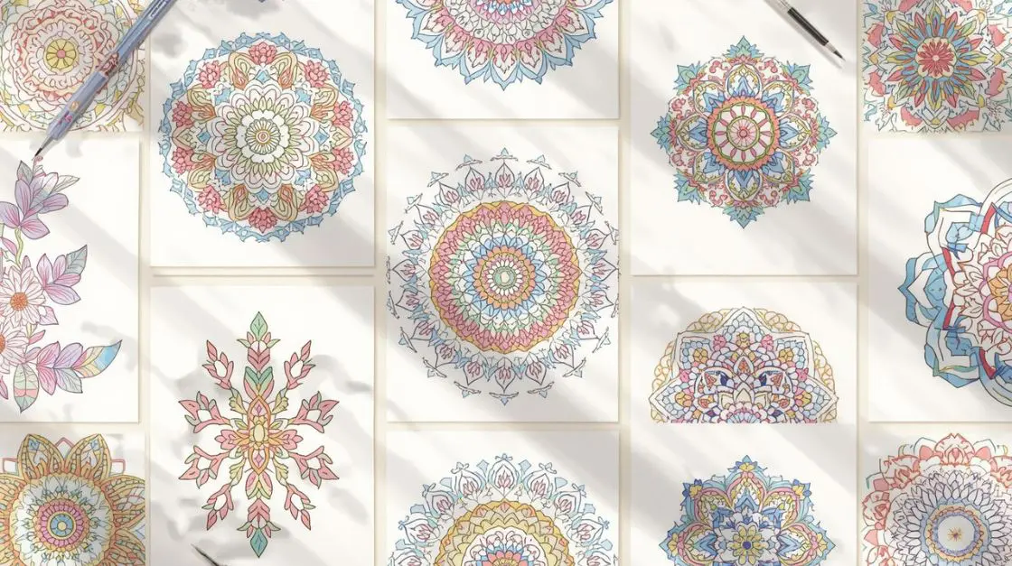 Nine pages from a printable coloring pages sampler laid out in a flat-lay spread showing floral, mandala, and geometric designs