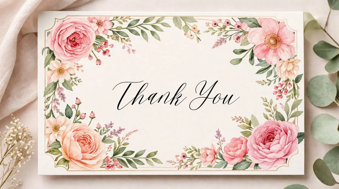 Elegant printable thank-you cards with floral borders and hand-lettered style typography