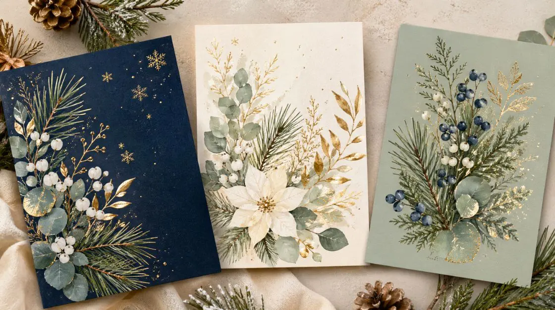 "Festive printable holiday cards with winter botanicals and gold foil-style details