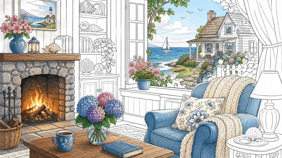 Peaceful scene coloring pages — relaxing coloring pages for adults featuring cottages, seascapes, and cozy interiors