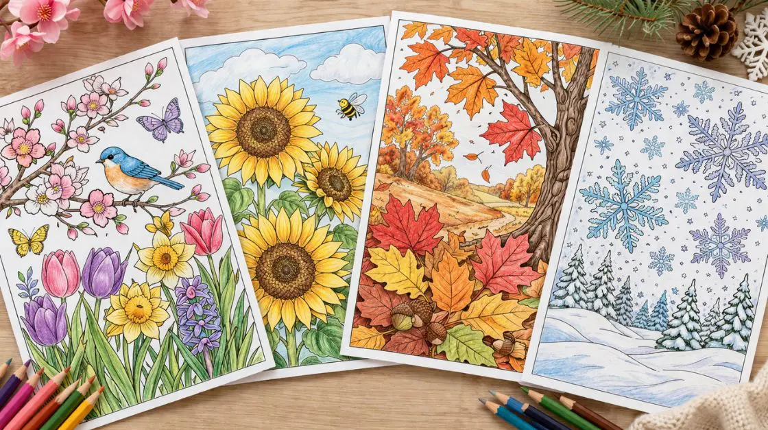 A spread of seasonal coloring pages showing spring florals, summer sunflowers, autumn leaves, and winter snowflakes