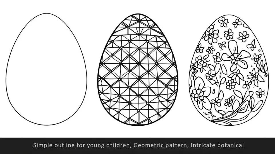 Easter egg coloring pages ranging from simple outlines to intricate botanical patterns.