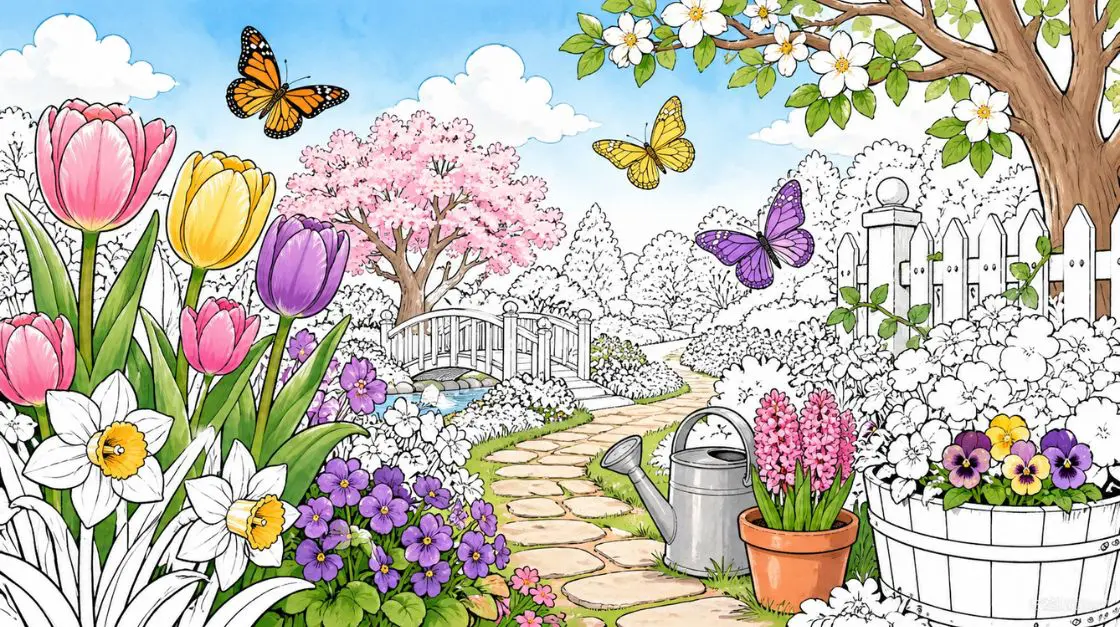 Spring seasonal coloring pages featuring flowers, butterflies, and garden scenes