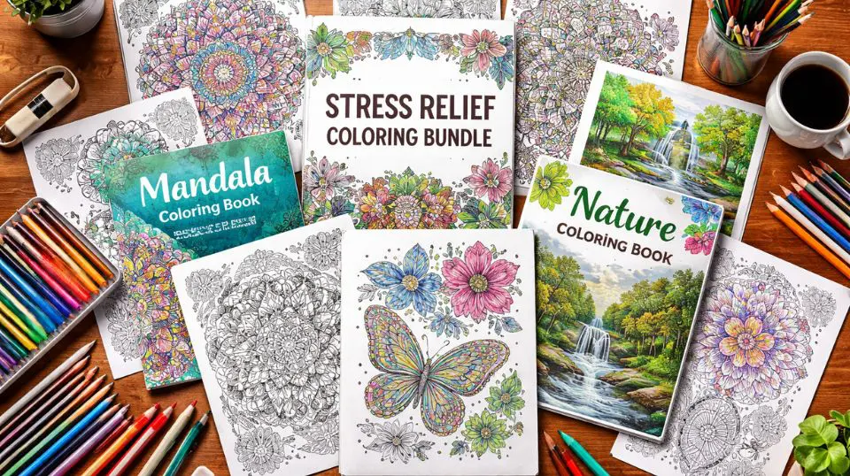 stress relief coloring bundle spread showing mandala and nature designs on a wooden desk