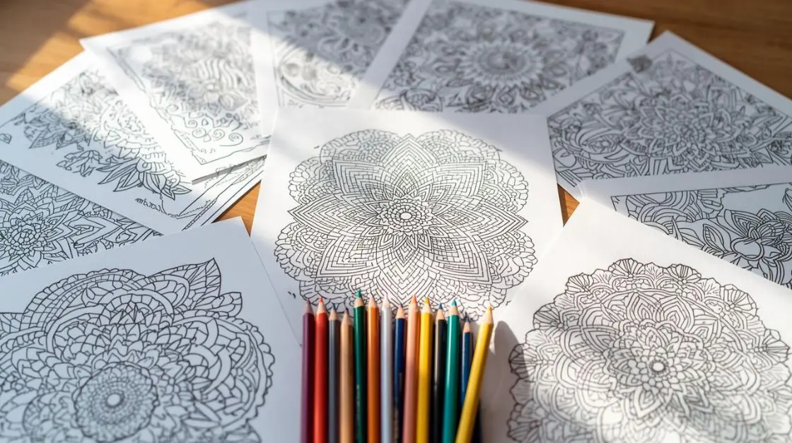 15-page stress relief coloring pages mini set spread out on a wooden table with colored pencils