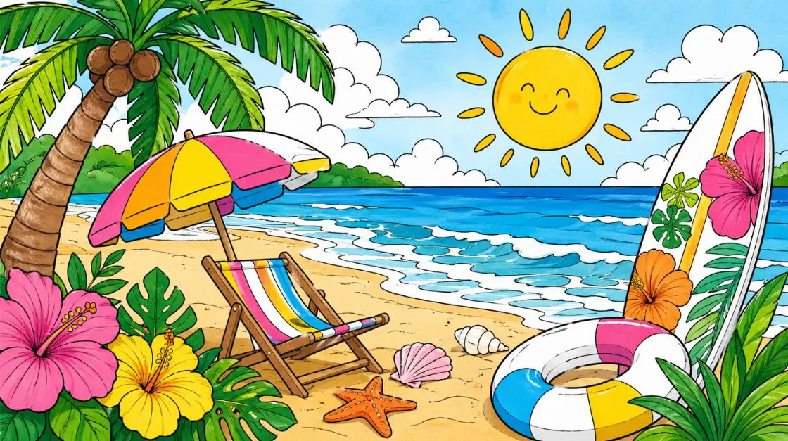 Summer seasonal coloring pages with beach, sunshine, and tropical motifs