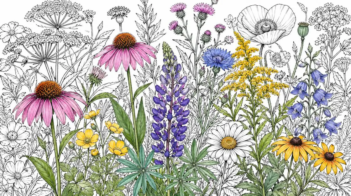 Printable wildflower coloring pages for adults with detailed botanical flower and foliage designs