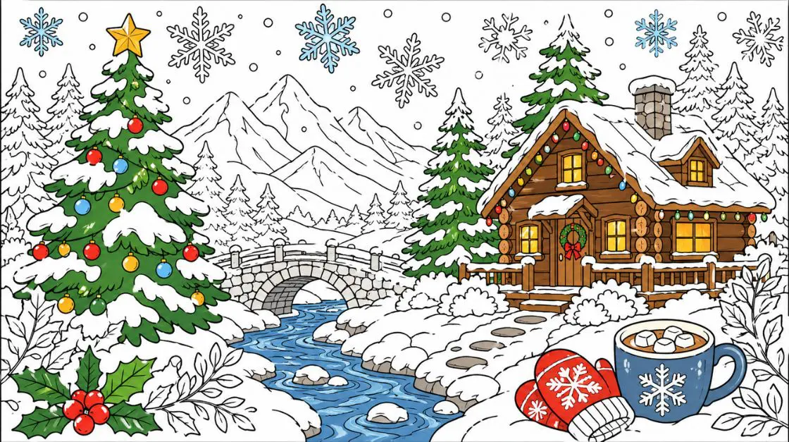 Winter holiday coloring pages PDF featuring snowflakes, Christmas trees, and cozy cabin scenes
