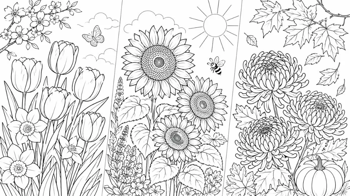 without text of Seasonal flower coloring pages including spring tulips, summer sunflowers, and autumn chrysanthemums