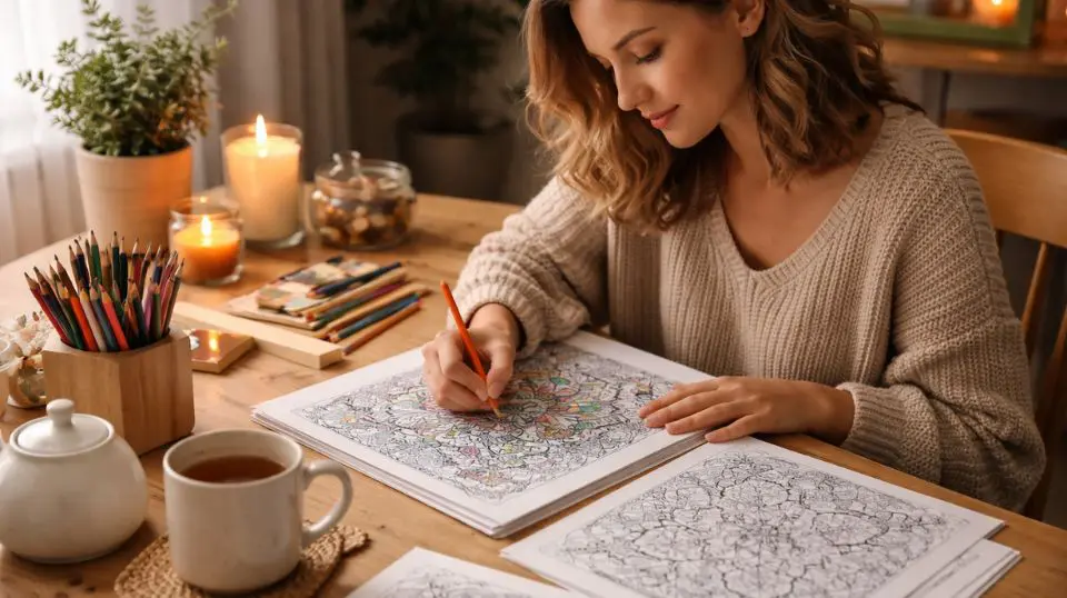 woman coloring mindfulness coloring pages for adults at a quiet home desk with candles and tea