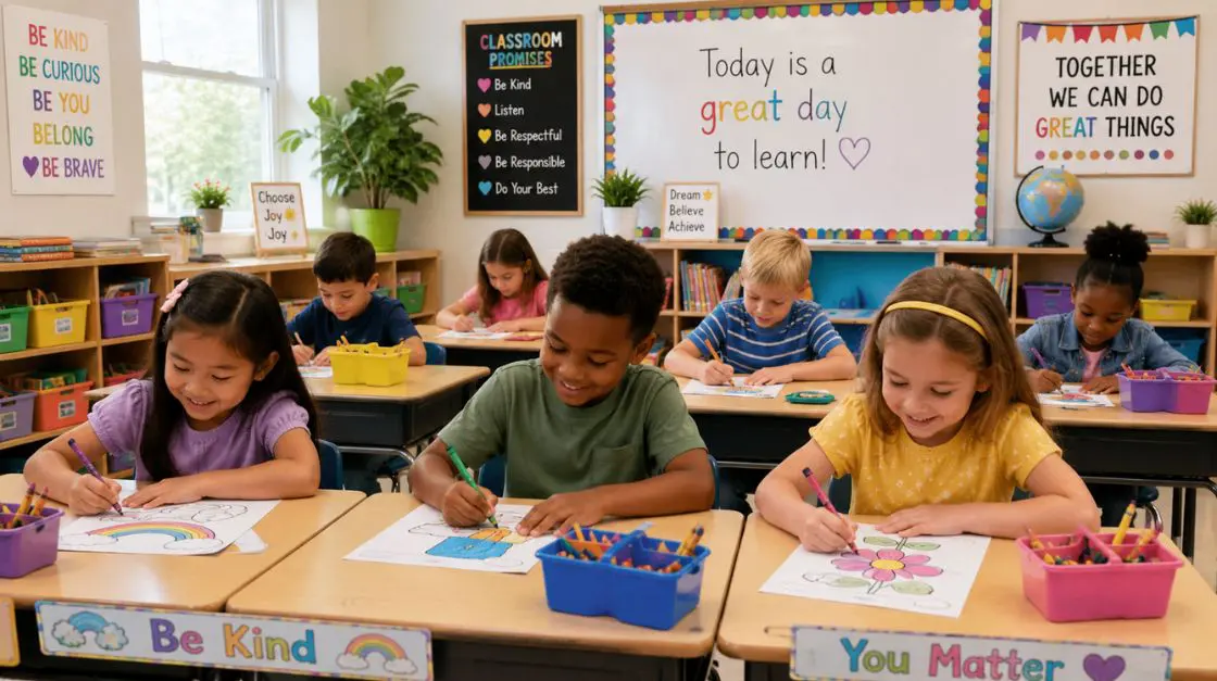 Students using printable coloring pages as classroom resources during morning work in a K-2 classroom