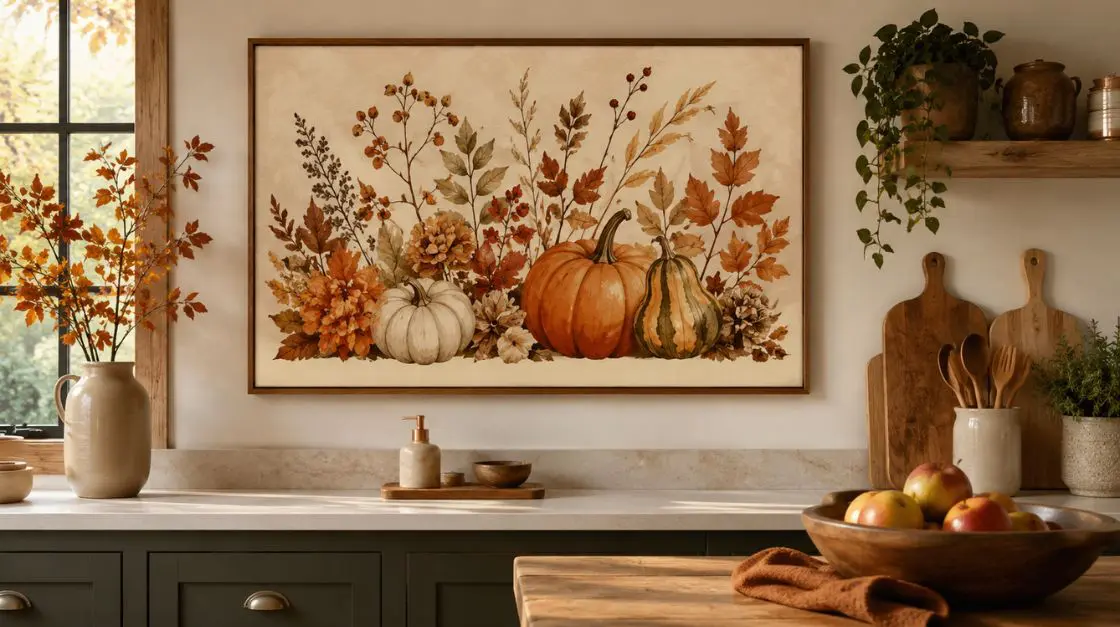 A framed artwork depicting a harvest scene with pumpkins, gourds, and autumn foliage.