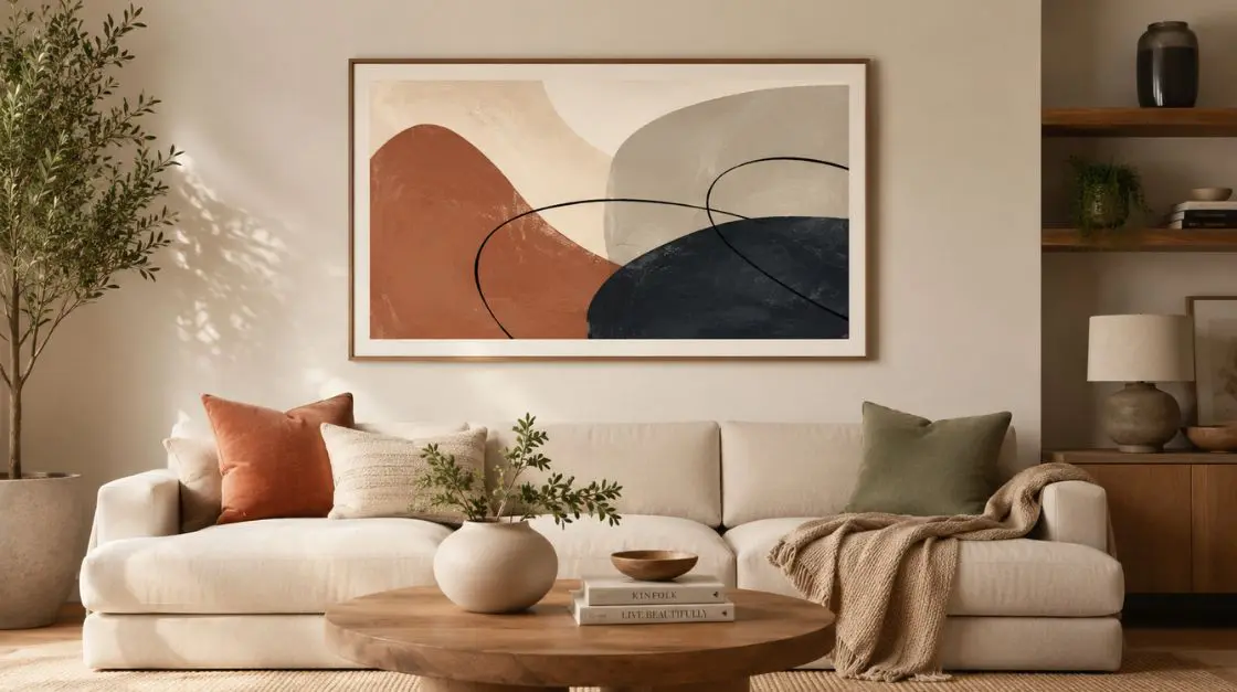A modern living room with a large abstract painting featuring earthy tones and black curves above a neutral-colored sofa adorned with several throw pillows and a woven blanket. A wooden coffee table with a vase, books, and a bowl sits in front of the sofa.