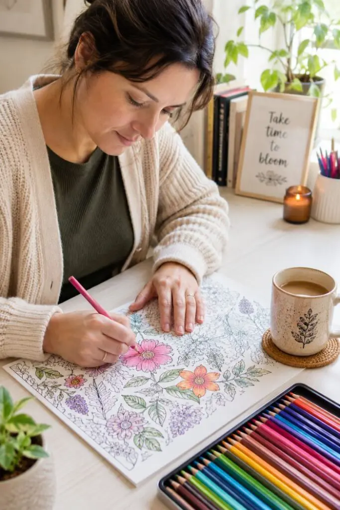 Adult at a bright desk coloring a detailed floral page