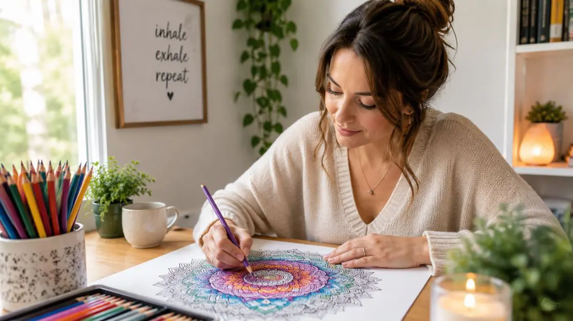 Woman coloring printable pages on premium paper for stress relief and mindfulness.