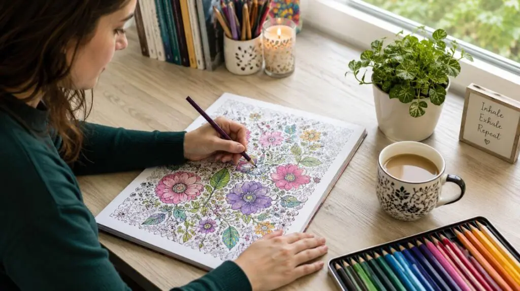 Adult woman coloring home printable coloring pages at a desk — mindfulness activity for adults. Coloring Pages for adultrs