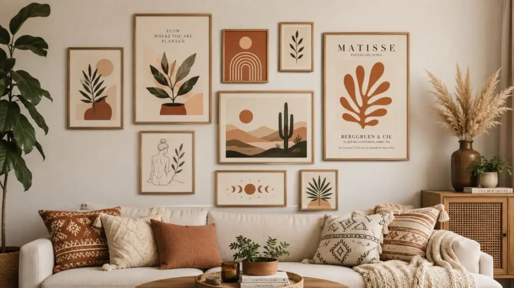 A gallery wall of framed bohemian wall art prints featuring botanical illustrations, desert landscapes, abstract shapes, and a Matisse cutout, displayed above a sofa adorned with textured pillows and a knitted throw.